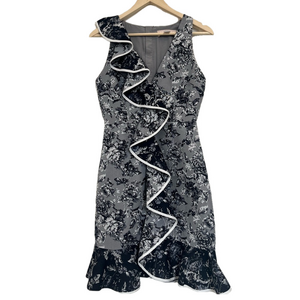 Keepsake the Label Ruffle Detail Mini Dress Sleeveless Floral Monochrome Grey